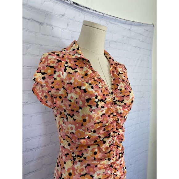⭐ 3/$15 Vintage Y2K Nine West Small Pink Orange Floral Collared Ruched Blouse - Picture 5 of 8